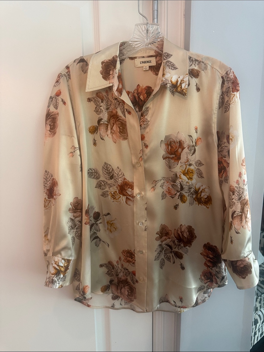 L'AGENCE Cream Floral Satin Button-Down Blouse
